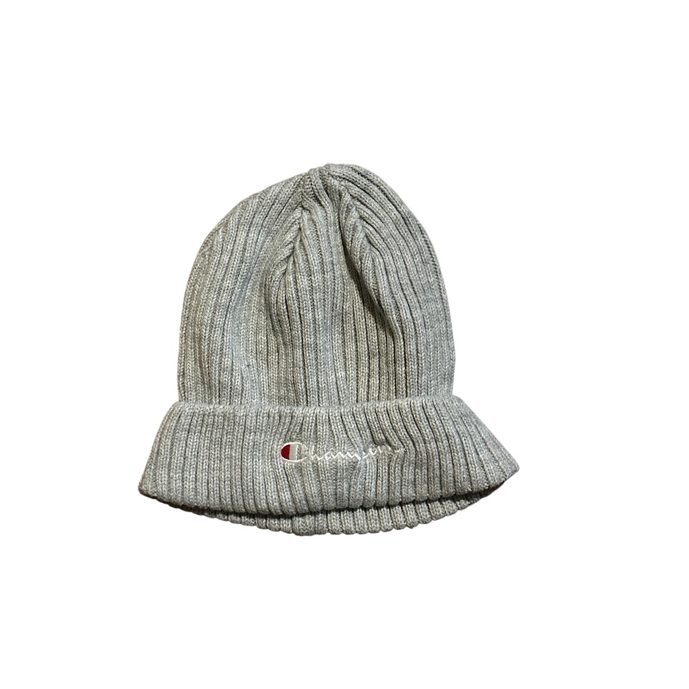 Champion Ribbed Knit Beanie Hat Heather Gray Embroidered Logo OSFM Cold Weather